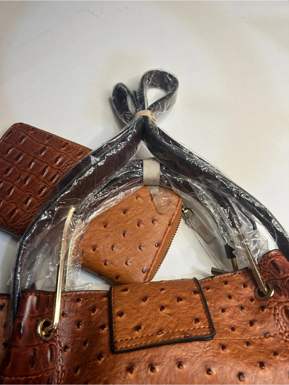 Valentina Silva Ostrich Embossed Satchel Handbag & Matching Wallet Set Brown NWT